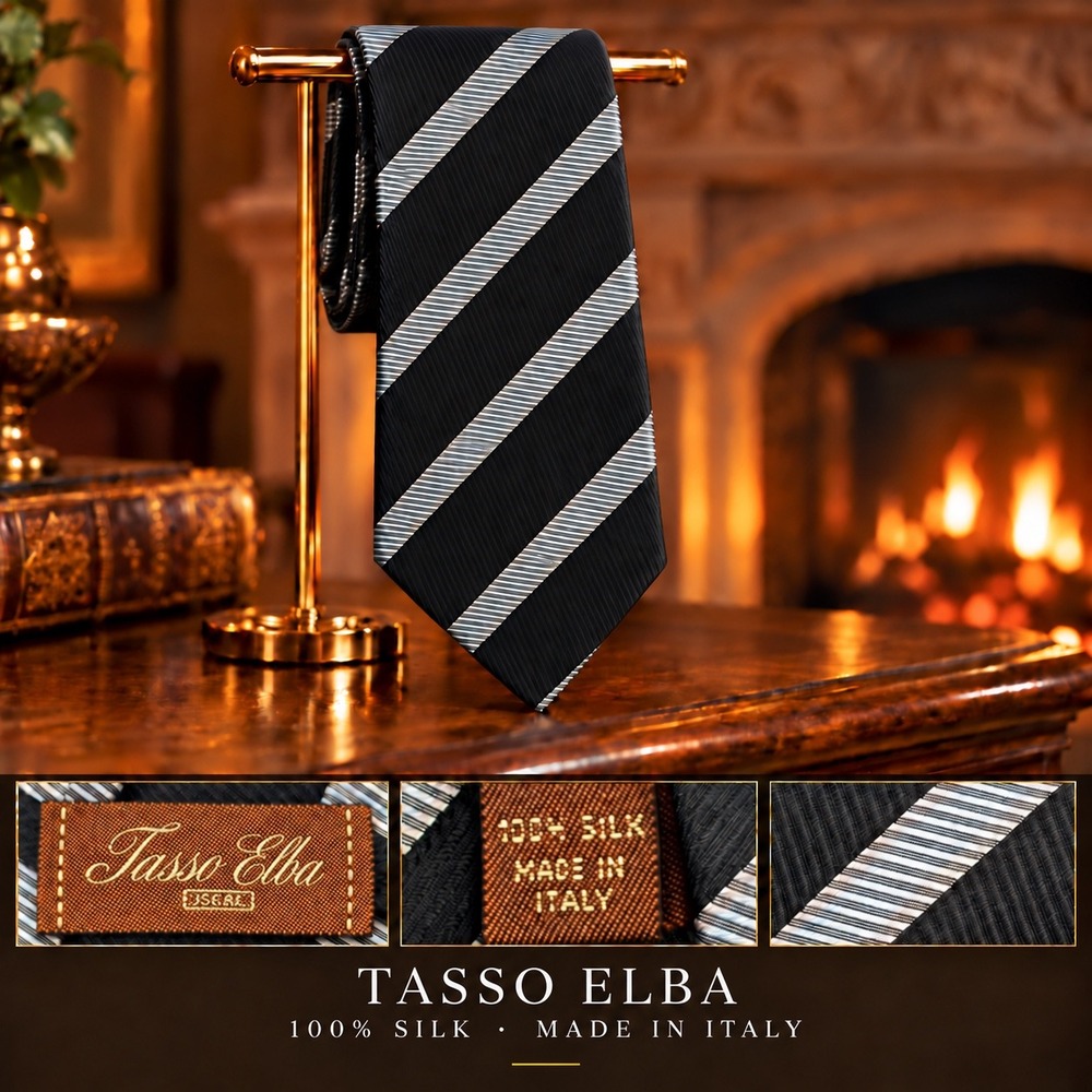 Tasso Elba Mens Black Silver Diagonal Striped 100% Silk Necktie Tie